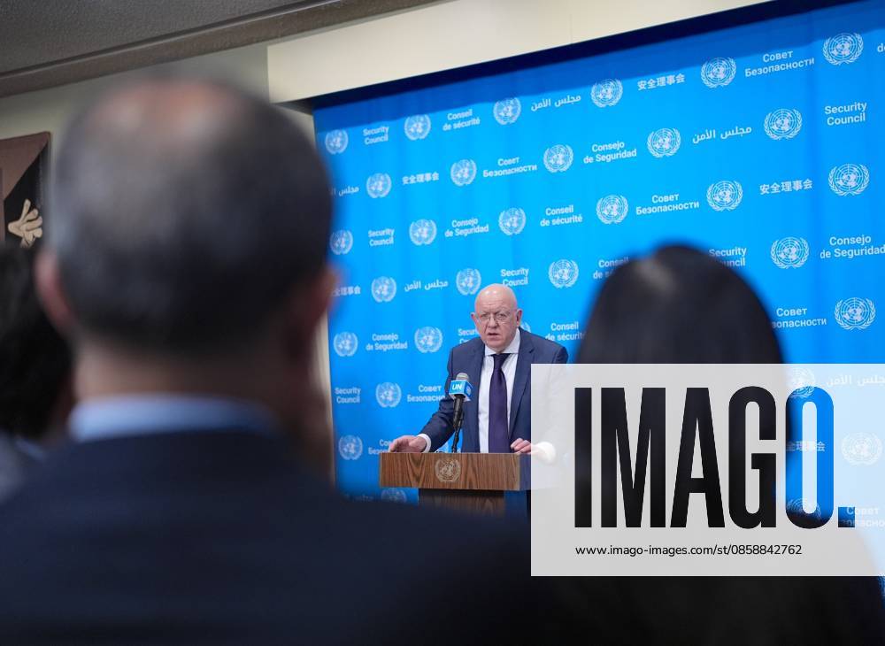 Ambassador Nebenzia addresses the press at the UN Security Council media stakeout NEW YORK, UNITED STATES - JUNE 10: Ambassador Vassily Nebenzia, Permanent Representative of the Russian Federation to the United Nations, holds a press briefing at the UN Security Council Media Stakeout at the UN Headquarters on June 10, 2026, in New York City, U.S. Selcuk Acar Anadolu New York United States. Editorial use only. Please get in touch for any other usage.
