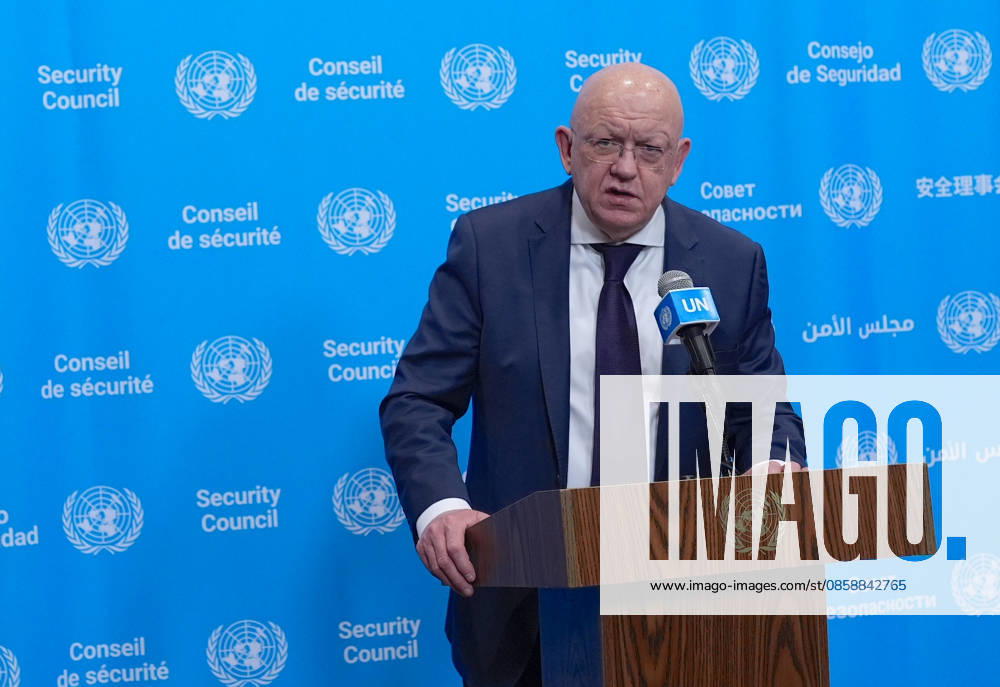 Ambassador Nebenzia addresses the press at the UN Security Council media stakeout NEW YORK, UNITED STATES - JUNE 10: Ambassador Vassily Nebenzia, Permanent Representative of the Russian Federation to the United Nations, holds a press briefing at the UN Security Council Media Stakeout at the UN Headquarters on June 10, 2026, in New York City, U.S. Selcuk Acar Anadolu New York United States. Editorial use only. Please get in touch for any other usage.