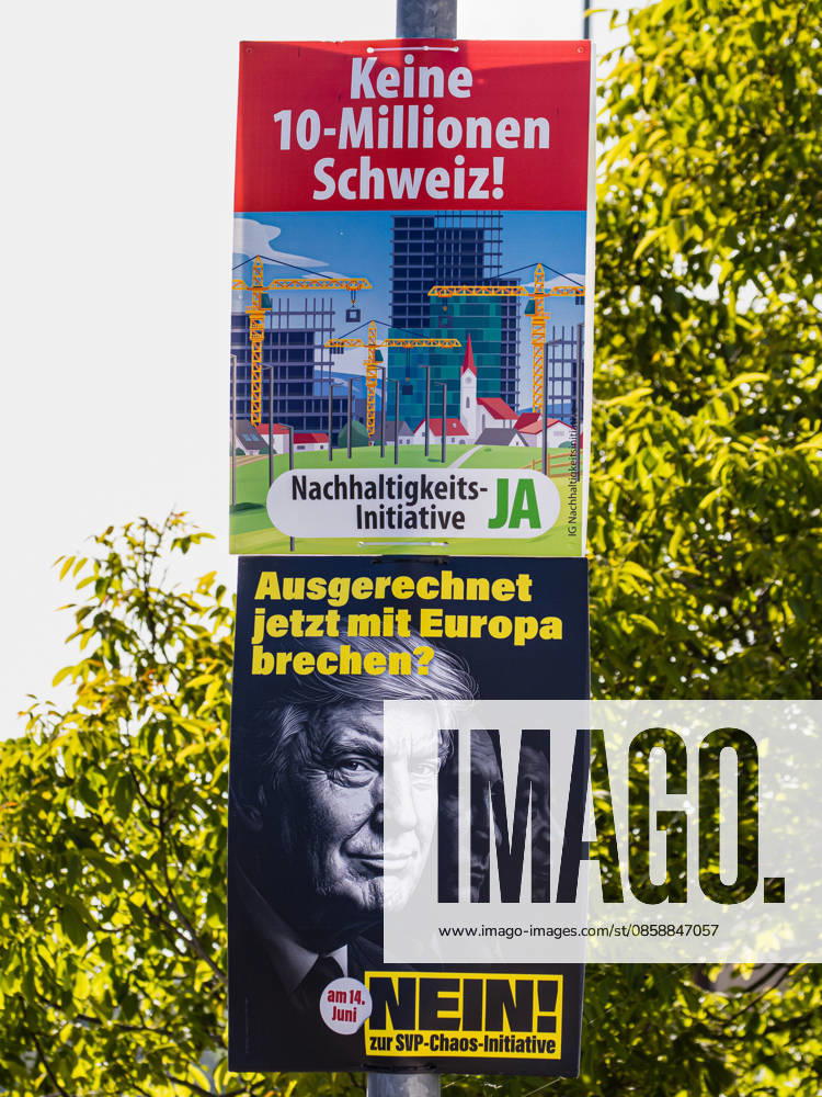 Voting posters for and against the Sustainability Initiative 202 Bözen, Switzerland, 30th May 2026 Above is a campaign poster from the Swiss People s Party SVP in support of the sustainability initiative Below is a poster from the Social Democratic Party SP against the sustainability initiative The Swiss electorate will vote on the popular initiative on June 14