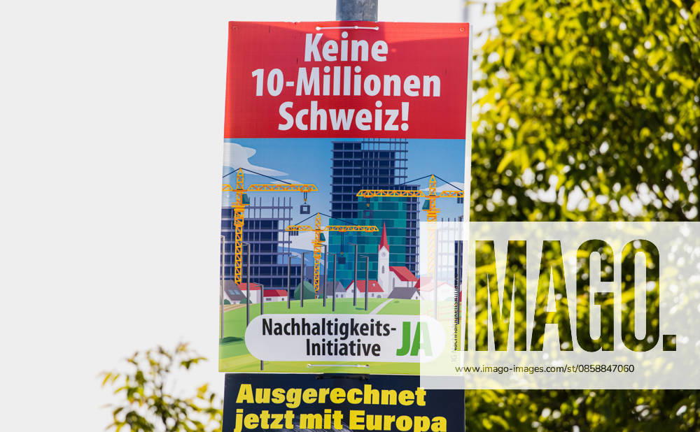 SVP voting poster for the sustainability initiative 2026 Bözen, Switzerland, 30th May 2026 A campaign poster from the Swiss People s Party SVP promotes the sustainability initiative and calls for Switzerland to have 10 million inhabitants The Swiss electorate will vote on the popular initiative on June 14, 2026