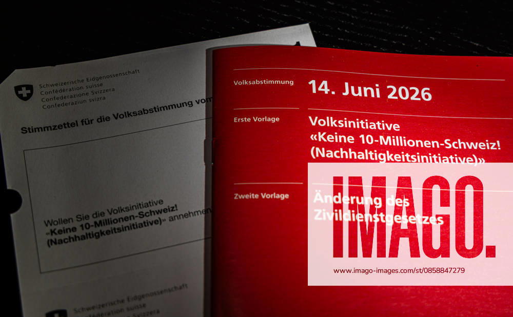 Federal referendum on June 14, 2026 Voting documents in Switzer Rafz, Switzerland, 4th Jun 2026 Voting materials for the Swiss referendum of June 14, 2026, including ballot papers and voting booklet for the initiative No 10 million Switzerland sustainability initiative, as well as for the amendment of the Civil Service Act