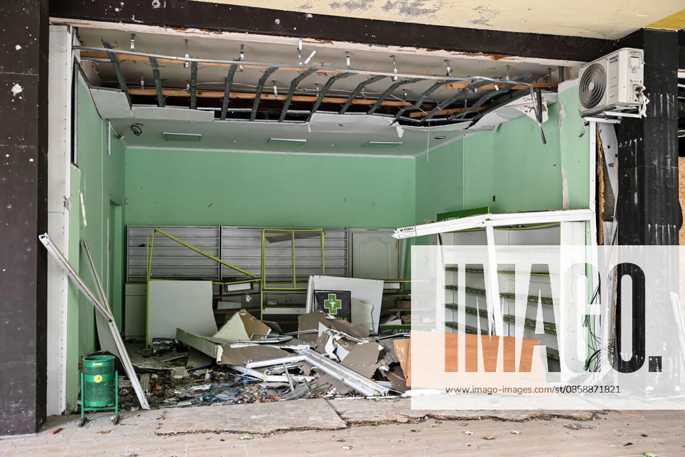 A pharmacy destroyed by Russian attacks is seen in the red zone of the frontline city of Kherson, the area considered the most dangerous due to constant Russian attacks, Kherson, Ukraine, on June 3, 2026. The Russian army attacks the city daily with FPV drones and other unmanned aerial vehicles, deliberately terrorizing civilians. Russian forces conduct hunts for local residents, tracking them with FPV drones and dropping explosives. Police officers, medics, public transport, and urban infrastructure are also targeted. Based on the intensity of attacks, Kherson is informally divided into yellow and red zones, with the red zone subjected to continuous shelling and drone strikes. Anti-drone netting has been installed above roads to