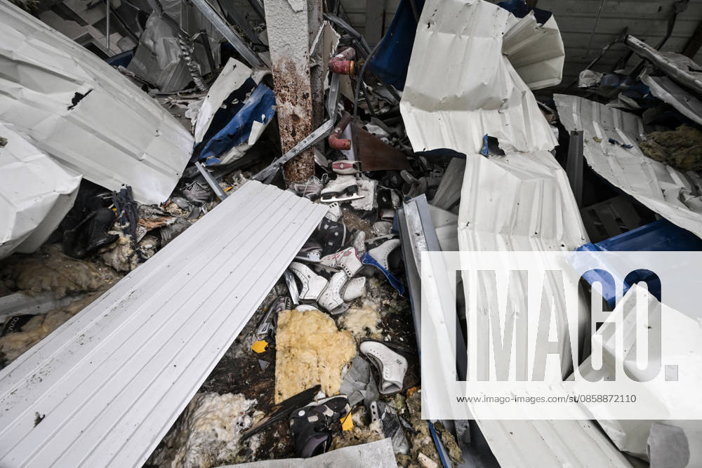 Figure skating and hockey skates lie among rubble and construction debris at the ruins of the Favoryt Arena ice sports palace, destroyed in Russian guided aerial bomb (KAB) strikes, in the frontline city of Kherson, Ukraine, on June 3, 2026. The Russian army attacks the city daily with FPV drones and other unmanned aerial vehicles, deliberately terrorizing civilians. Russian forces conduct hunts for local residents, tracking them with FPV drones and _drop_ping explosives. Police officers, medics, public transport, and urban infrastructure are also targeted (Photo by Dmytro Smolienko Ukrinform) Life under shelling in frontline Kherson