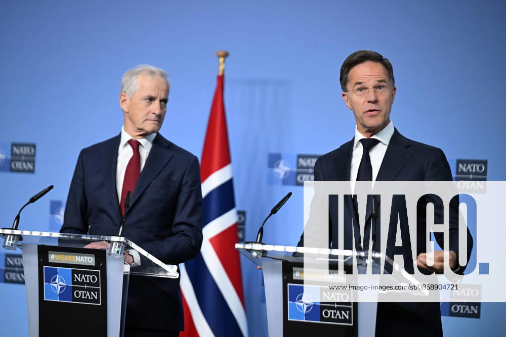 NATO Secretary General Rutte - Norwegian Prime Minister Store press conference in Brussels BRUSSELS, BELGIUM - JUNE 11: NATO Secretary General Mark Rutte (R) and Norwegian Prime Minister Jonas Gahr Store (L) hold a press conference at NATO Headquarters in Brussels, Belgium, on June 11, 2026. Dursun Aydemir Anadolu Brussels Belgium. Editorial use only. Please get in touch for any other usage.