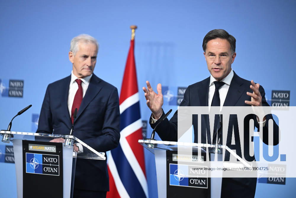 NATO Secretary General Rutte - Norwegian Prime Minister Store press conference in Brussels BRUSSELS, BELGIUM - JUNE 11: NATO Secretary General Mark Rutte (R) and Norwegian Prime Minister Jonas Gahr Store (L) hold a press conference at NATO Headquarters in Brussels, Belgium, on June 11, 2026. Dursun Aydemir Anadolu Brussels Belgium. Editorial use only. Please get in touch for any other usage.
