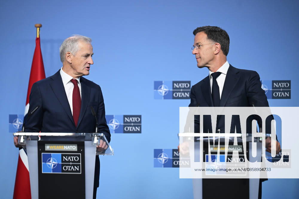 NATO Secretary General Rutte - Norwegian Prime Minister Store press conference in Brussels BRUSSELS, BELGIUM - JUNE 11: NATO Secretary General Mark Rutte (R) and Norwegian Prime Minister Jonas Gahr Store (L) hold a press conference at NATO Headquarters in Brussels, Belgium, on June 11, 2026. Dursun Aydemir Anadolu Brussels Belgium. Editorial use only. Please get in touch for any other usage.