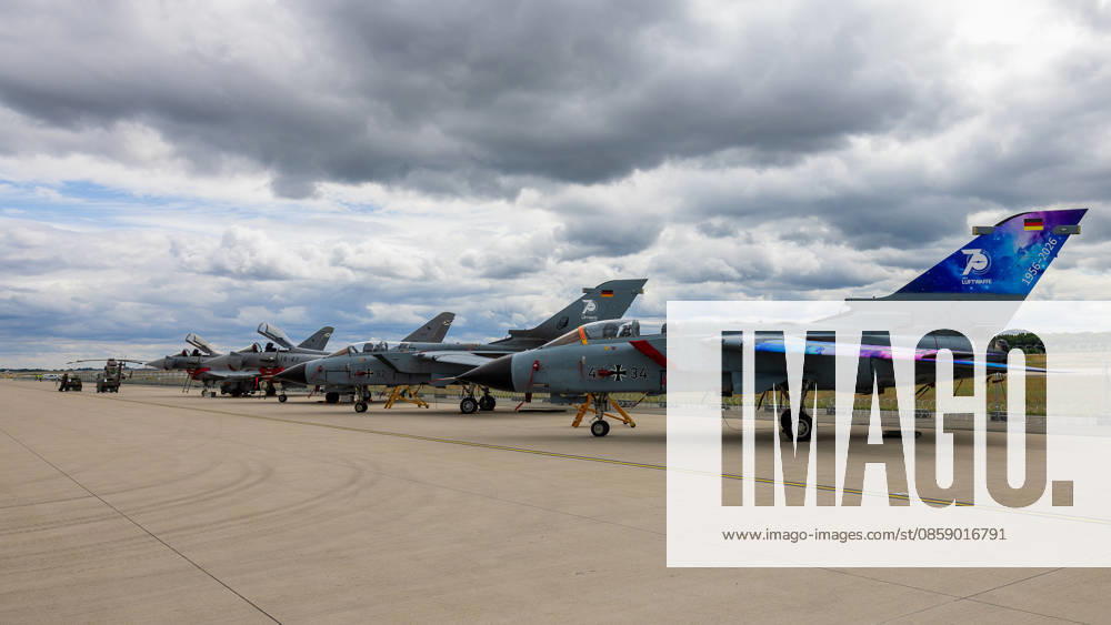 Trade visitor day at ILA Berlin 2026, Berlin, 12 06 2026 Two Panavia Tornado of the German Air Force stand on the apron, including an aircraft with special livery for the 70th anniversary of the Luftwaffe 1956 2026 Two Spanish Eurofighters are lined up in the background Schöneberg Berlin ExpoCenter Airport Brandenburg Germany 20260612-286A9646-M4000