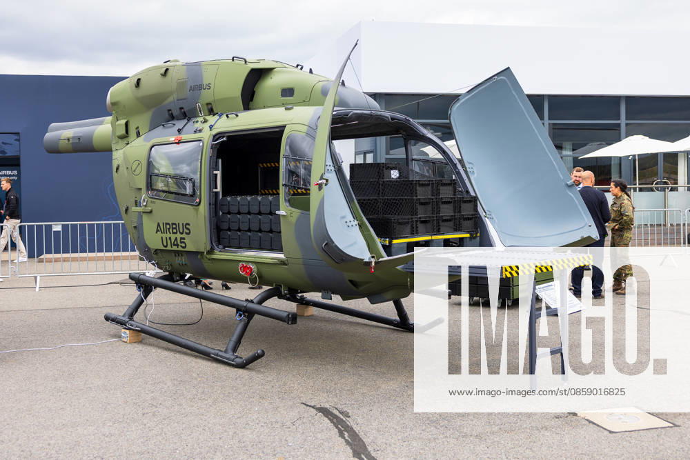 Trade visitor day at ILA Berlin 2026, Berlin, 12 06 2026 Airbus U145 in military olive green livery on an exhibition site The pilotless, autonomous helicopter is a further development of the H145 and is to be used primarily for logistics and military missions The cargo hatch is open and provides a view of the cargo capac 20260612-286A9698-M4000