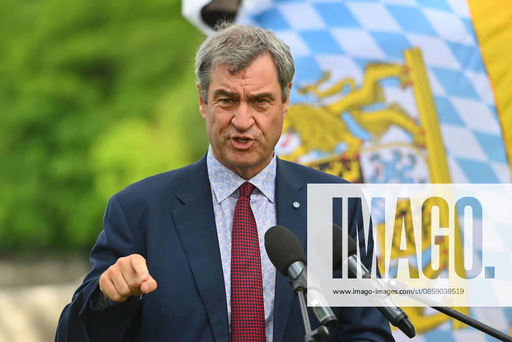 Markus SOEDER Ministerpraesident Bavaria and CSU chairman in front of Bavarian flag,flag single picture,cropped single motif,portrait,portrait,portrait gesture, inauguration of the new Ludwig II monument on the bastion of the Corneliusbruecke on 13 06 2026 in Munich
