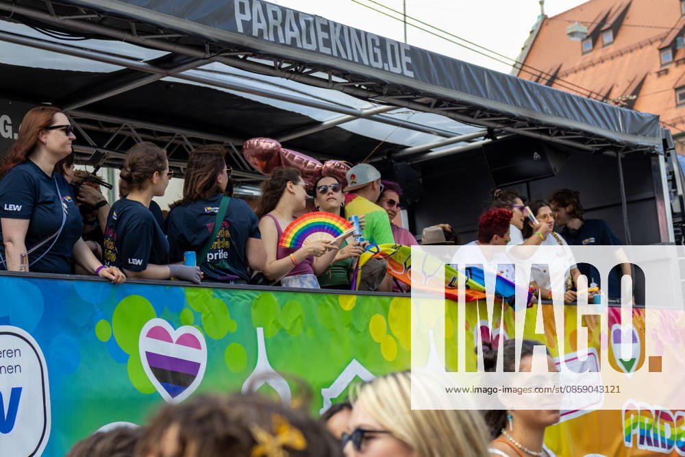 Augsburg, Bavaria, Germany June 13, 2026: Christopher Street Day (CSD) in Augsburg. The parade through the city center promotes the rights of LGBTQ+ people as well as social diversity and tolerance. People celebrate on the CSD parade float