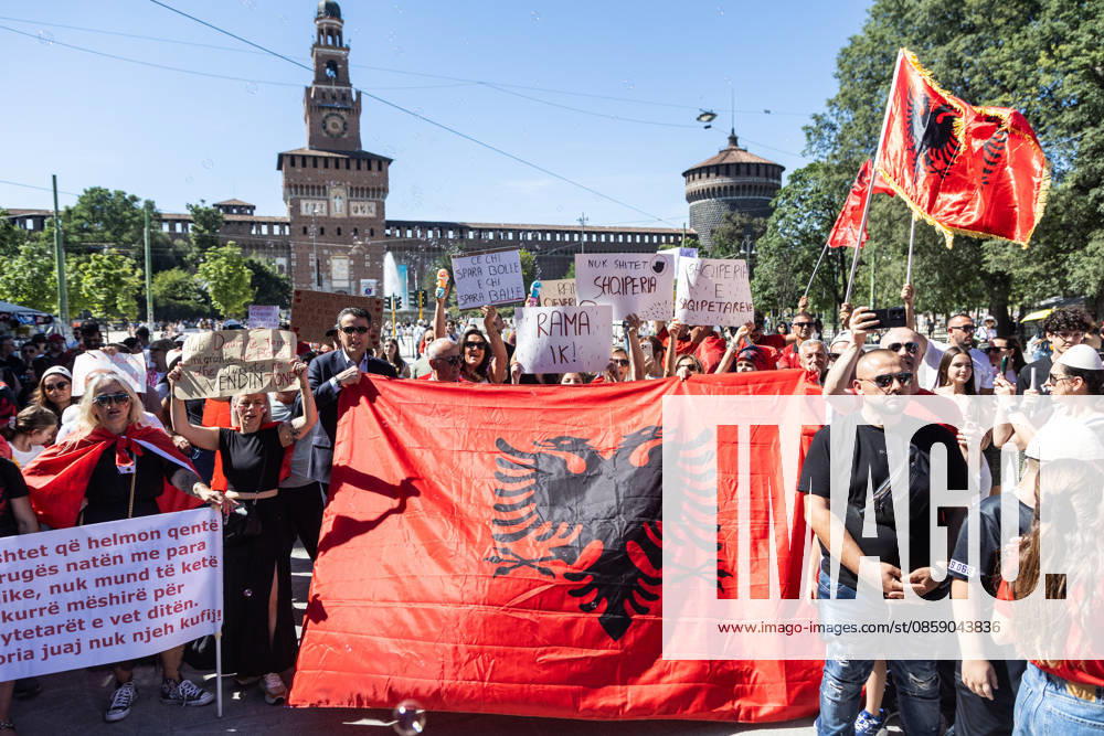 IPA85646514 - Milan, Largo Cairoli, Piazza Castello, June 13, 2026, Protest: Albania Is Not for Sale a demonstration by the Albanian community against the Rama government and the resort