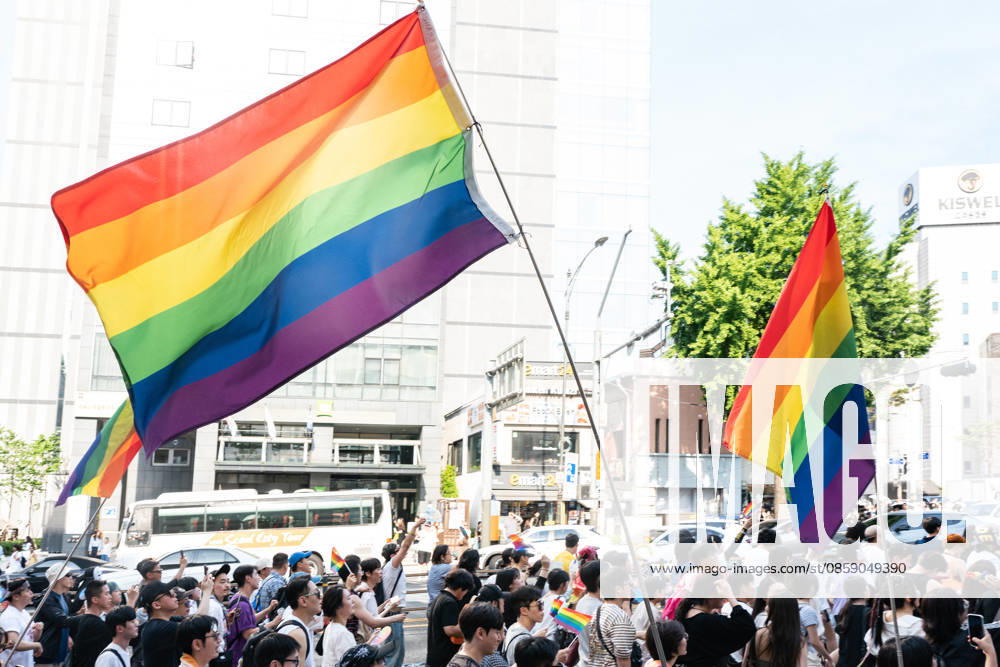 Pride flags are seen during the Seoul Queer Parade in Seoul downtown. The 27th Seoul Queer Parade (SQP) was held in Seoul, South Korea..It is a public cultural event held downtown every year to promote LGBTQIA+ visibility, human rights, cultural enjoyment, and pride. Seoul South Korea - ZUMAs197 20260613_aaa_s197_184