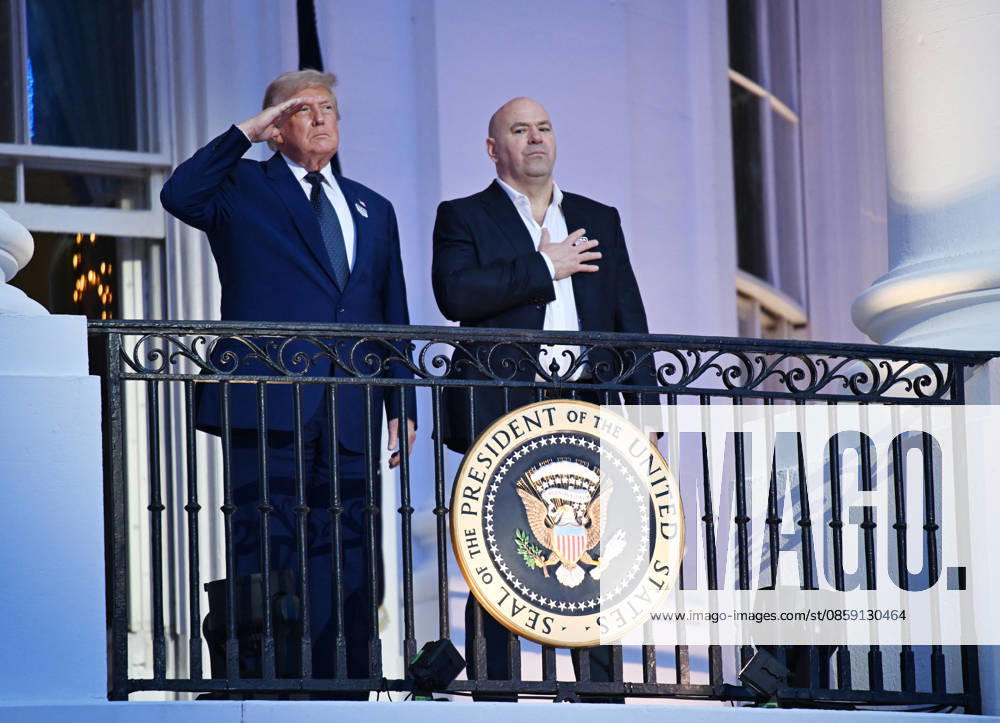 #2 Freedom 250 UFC Fights at the White House in Washington President Donald Trump and United Fighting Championship (UFC) CEO Dana White stand on the Blue Room balcony as the National Anthem is played before the Freedom 250 UFC fight card on the South Lawn of the White House in Washington DC on Sunday, June 14, 2026. The mixed martial arts bouts are being held as part of President Trump s 80th birthday weekend activities. Photo by Annabelle Gordon Pool ABACAPRESS.COM WASHINGTON DC United States