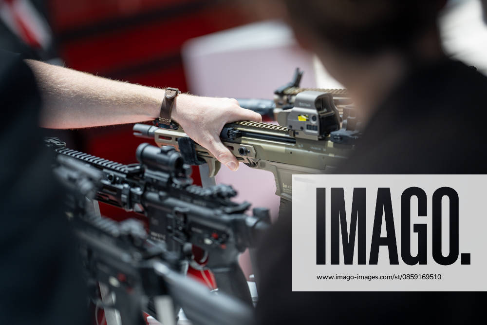 Heckler Koch exhibition stand with handguns and machine guns Eurosatory 2026 arms fair in Parc des Expositions de Paris Nord Villepinte, Villepinte Paris France Parc des Expositions de Paris No