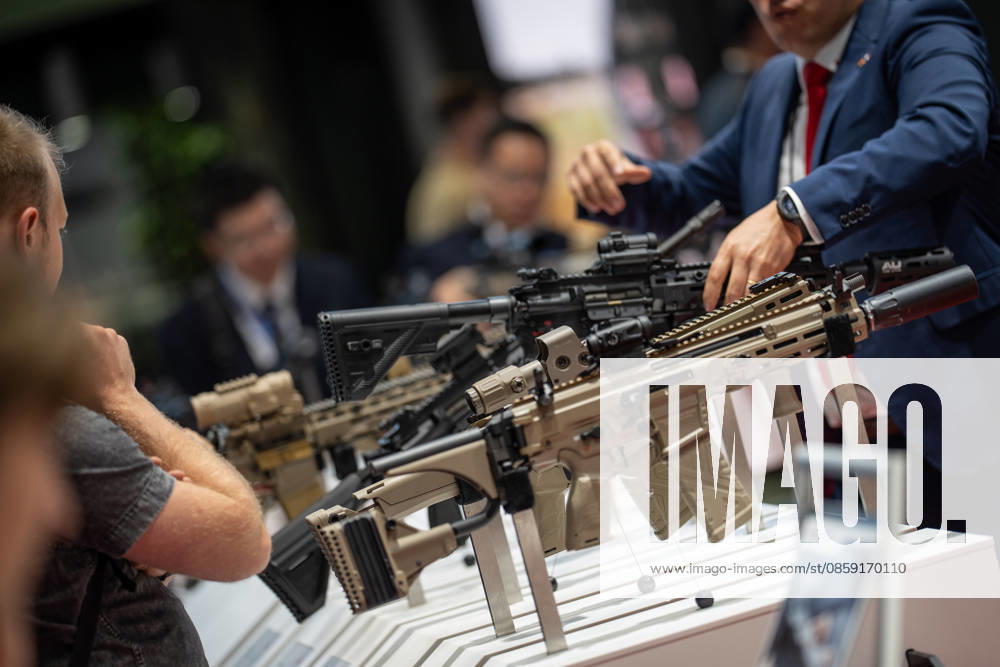 Heckler Koch exhibition stand with handguns and machine guns Eurosatory 2026 arms fair in Parc des Expositions de Paris Nord Villepinte, Villepinte Paris France Parc des Expositions de Paris No