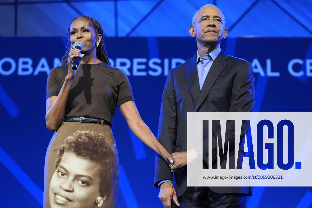 Former President Barack Obama and former first lady Michelle Obama speaking at a stakeholders event at the Obama Presidential Center, Tuesday, June 16, 2026, in Chicago, Illinois. The Obama Library officially opens to the public on Friday June 19, 2026. Pool CHI2026061610 PabloxMartinezxMonsivais