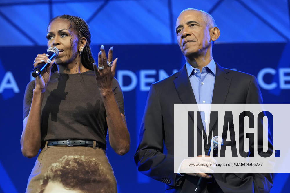 Former President Barack Obama and former first lady Michelle Obama speaking at a stakeholders event at the Obama Presidential Center, Tuesday, June 16, 2026, in Chicago, Illinois. The Obama Library officially opens to the public on Friday June 19, 2026. Pool CHI2026061615 PabloxMartinezxMonsivais