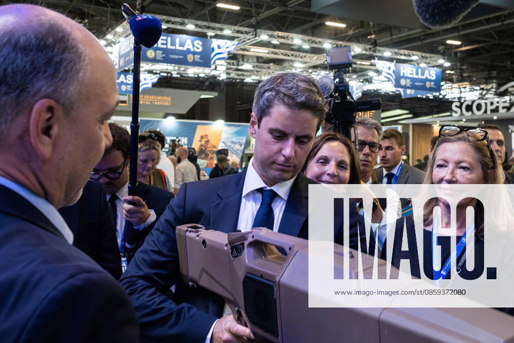 Gabriel Attal, secretary-general of the Renaissance party, visited the Eurosatory defense exhibition, stopping by the booth of MC2 Technologies, a French nanotechnology company specializing in anti-drone technology. - 16 06 2026 - France Villepinte - OlivierxDonnarsx Pictorium LePictorium_0336390