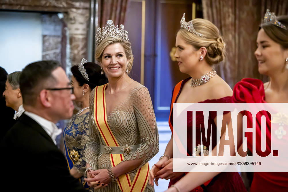 Gala Queen Maxima and King Willem-Alexander with Emperor Naruhito of Japan and Empress Masako and Princess Amalia and Princess Ariane during the statebanquet at the Dam palace in Amsterdam on the 1st day of the 3 day statevisit to the Netherlands Â