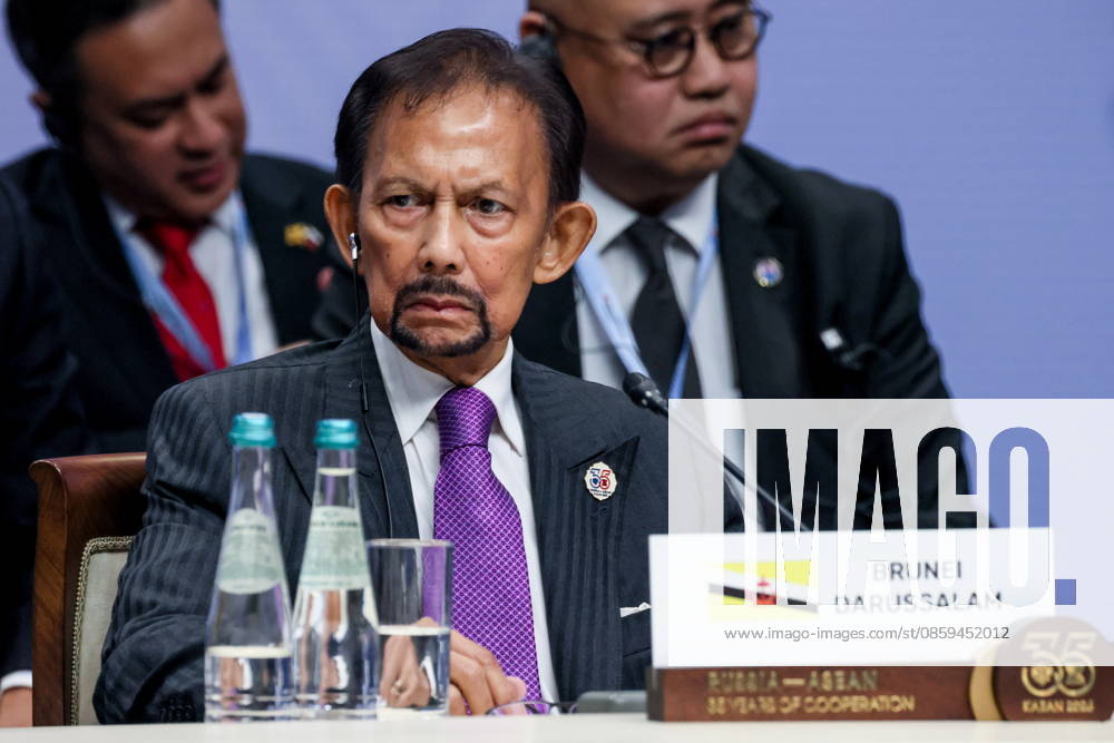 RUSSIA, REPUBLIC OF TATARSTAN - JUNE 18, 2026: Sultan of Brunei Darussalam Hassanal Bolkiah attends the Russia-ASEAN Summit at the Kazan Expo Exhibition Centre in Bolshiye Kabany. Mikhail Metzel Russian President 93975601