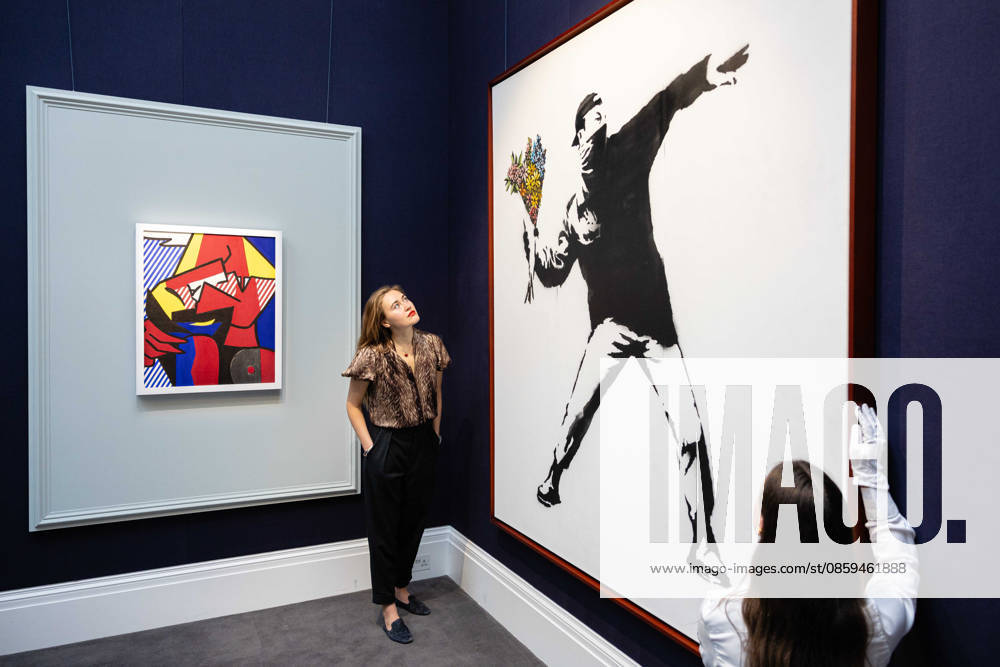 Sotheby s London Modern and Contemporary June Sales Preview, London, UK 18 June 2026 Banksy s Love Is In The Air (life size), estimated at £3,500,000 - 5,500,000, (left) and Roy Lichtenstein s Despair, estimated at £1,000,000-1,500,000, (right) at Sotheby s London, Mayfair, London, UK, on 18 June 2026. The work is described as the largest and most formidable iteration of this image to appear on the market, and will be offered at auction on 24 June 2026 alongside the celebrated Lewis Collection., Credit:Pete Speller Avalon