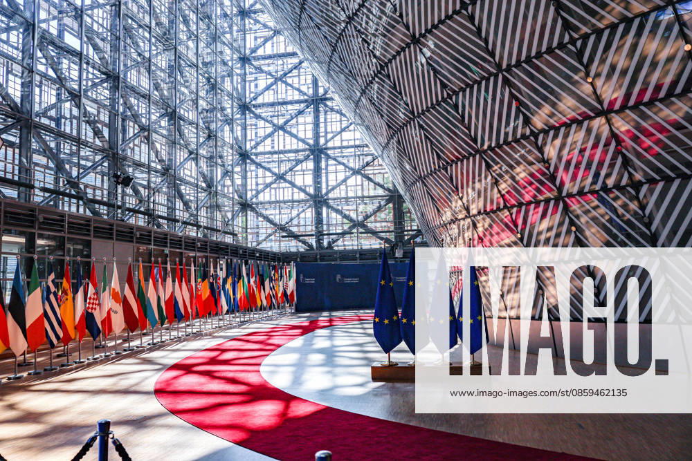 Sunlight shines through and reflects abstract shadows and flags are seen inside the Europa building at the European Council in Brussels ahead of the European Council Summit. Brussels European Union - ZUMAo116 20260618_znp_o116_002