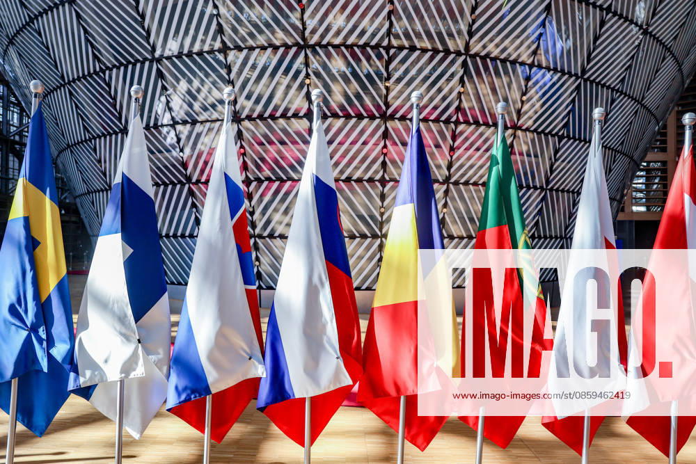Flags are seen inside the Europa building at the European Council in Brussels ahead of the European Council Summit. Brussels European Union - ZUMAo116 20260618_znp_o116_006
