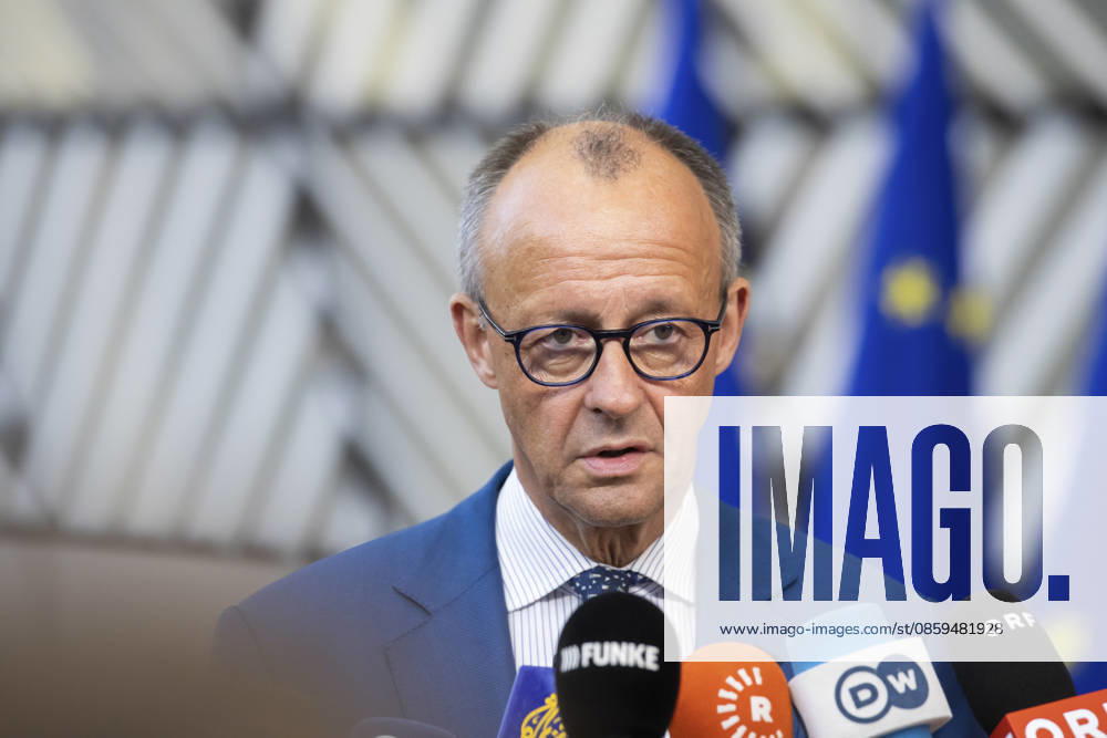 European Council Brussels, 18 06 2026 : European Council . Over a two-day summit, EU leaders will discuss key issues such as Europe s economic competitiveness, the EU s long-term budget, defence capabilities, Ukraine and the Middle East. Pix : Friedrich Merz . Credit : Aurore Martignoni CC . Brussels Belgium