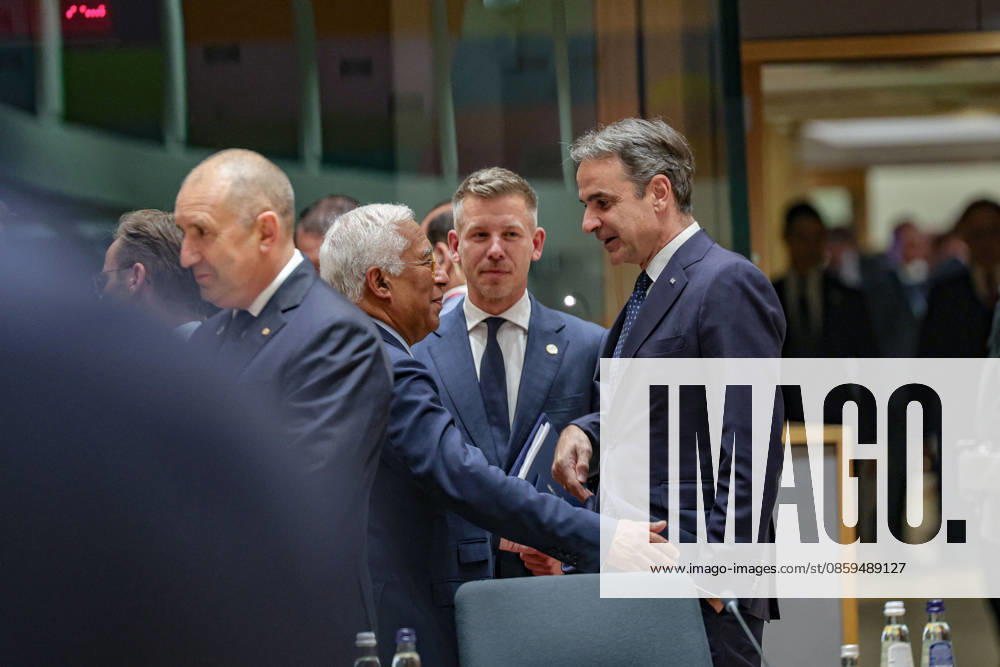 PETER MAGYAR, Prime Minister of Hungary, speaks with ANTONIO COSTA, President of the European Council, and KYRIAKOS MITSOTAKIS (R), Prime Minister of Greece, inside the European Council during the European Council Summit in Brussels. Magyar attends his first European Council summit as Hungaryâ€⠢s prime minister. Brussels European Union - ZUMAo116 20260618_znp_o116_095