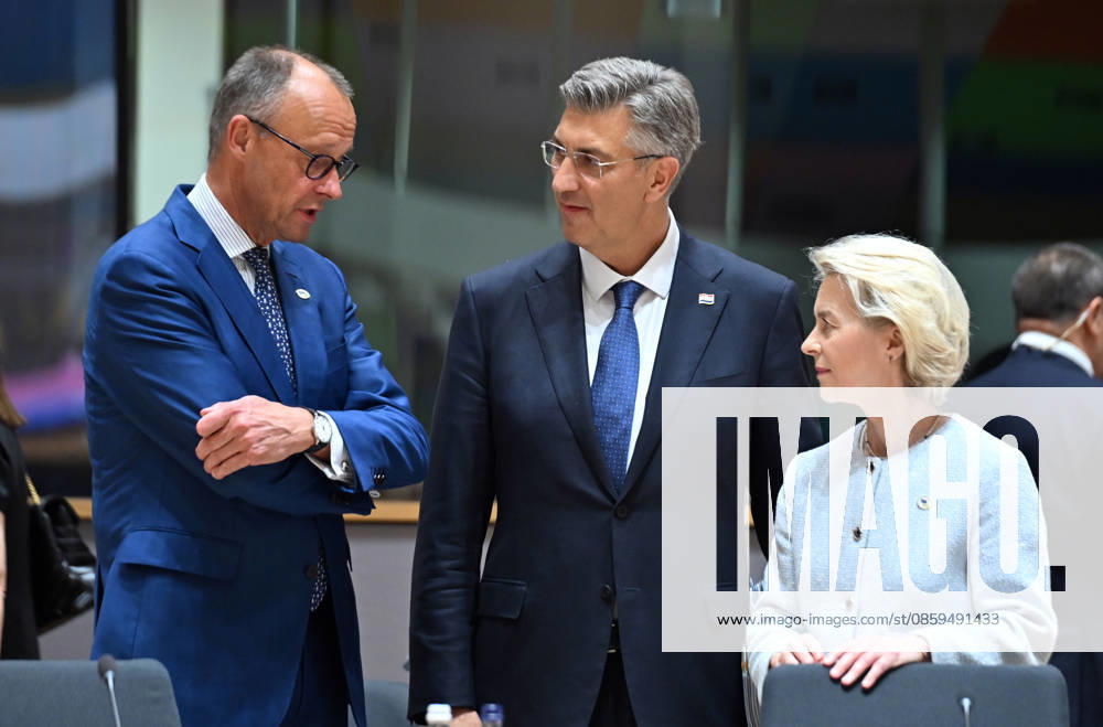 EU Leaders Summit in Brussels BRUSSELS, BELGIUM - JUNE 18: Chancellor of Germany Friedrich Merz (L), Prime Minister of Croatia Andrej Plenkovic (C) and President of the European Commission Ursula von der Leyen (R) attend the EU Leaders Summit to discuss support for Ukraine, competitiveness, trade relations with China, the EU budget, and developments in the Middle East in Brussels, Belgium on June 18, 2026. Dursun Aydemir Anadolu Brussels Belgium. Editorial use only. Please get in touch for any other usage.