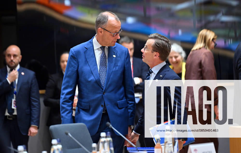EU Leaders Summit in Brussels BRUSSELS, BELGIUM - JUNE 18: Chancellor of Germany Friedrich Merz (L) and Prime Minister of Sweden Ulf Kristersson (R) attend the EU Leaders Summit to discuss support for Ukraine, competitiveness, trade relations with China, the EU budget, and developments in the Middle East in Brussels, Belgium on June 18, 2026. Dursun Aydemir Anadolu Brussels Belgium. Editorial use only. Please get in touch for any other usage.