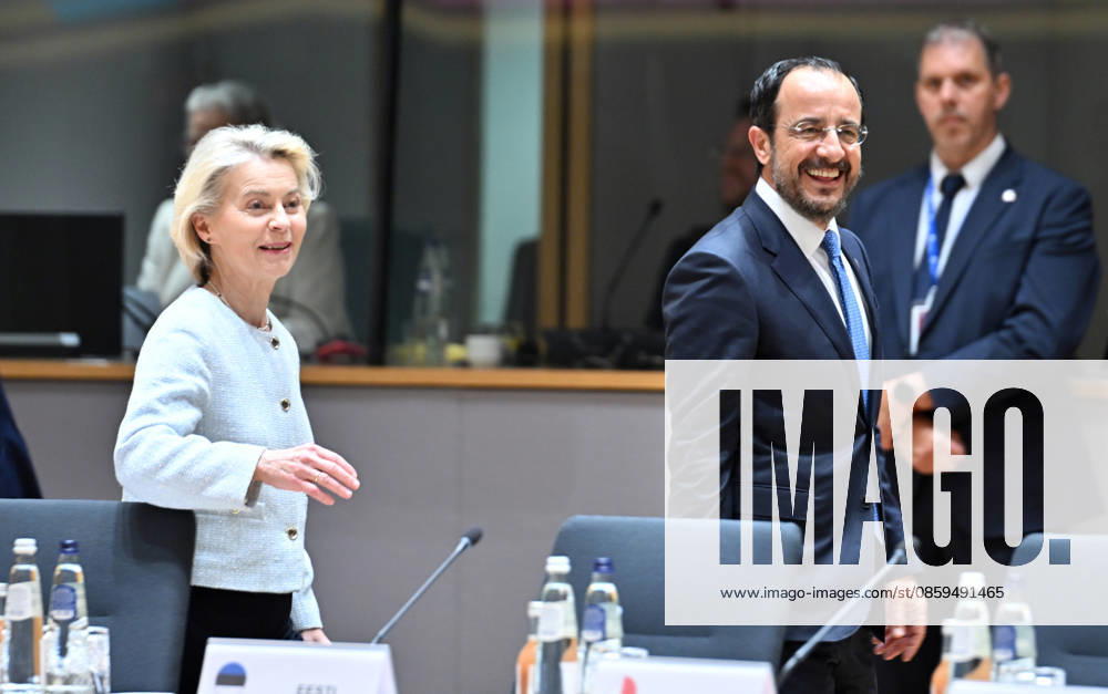 EU Leaders Summit in Brussels BRUSSELS, BELGIUM - JUNE 18: Leader of the Greek Cypriot Administration Nikos Christodoulides (R) and President of the European Commission Ursula von der Leyen (L) attend the EU Leaders Summit to discuss support for Ukraine, competitiveness, trade relations with China, the EU budget, and developments in the Middle East in Brussels, Belgium on June 18, 2026. Dursun Aydemir Anadolu Brussels Belgium. Editorial use only. Please get in touch for any other usage.