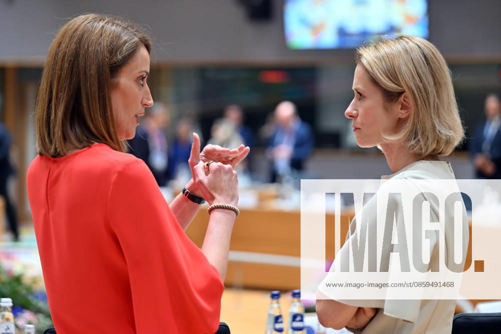 EU Leaders Summit in Brussels BRUSSELS, BELGIUM - JUNE 18: High Representative of the EU for Foreign Affairs and Security Policy Kaja Kallas (R) and President of the European Parliament Roberta Metsola (L) attend the EU Leaders Summit to discuss support for Ukraine, competitiveness, trade relations with China, the EU budget, and developments in the Middle East in Brussels, Belgium on June 18, 2026. Dursun Aydemir Anadolu Brussels Belgium. Editorial use only. Please get in touch for any other usage.