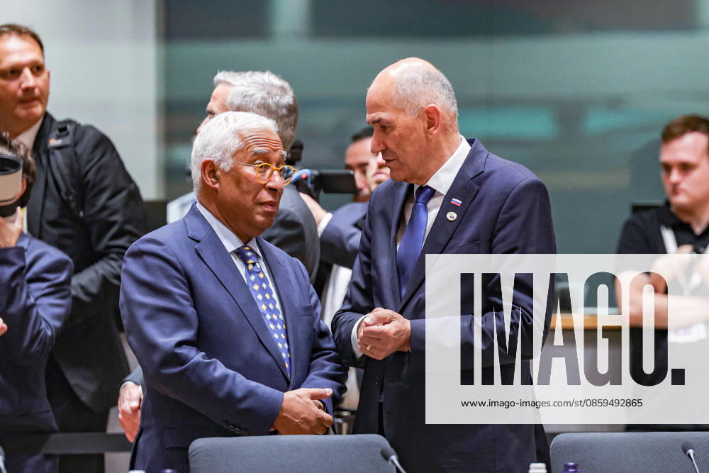 ANTONIO COSTA, President of the European Council, speaks with JANEZ JANSA, Prime Minister of Slovenia, inside the European Council during the European Council Summit in Brussels. Slovenia is expected to focus on competitiveness, economic reform, defence and security, migration, enlargement and the EUÃ¢â‚¬â ¢s next long-term budget. Brussels European Union - ZUMAo116 20260618_znp_o116_106