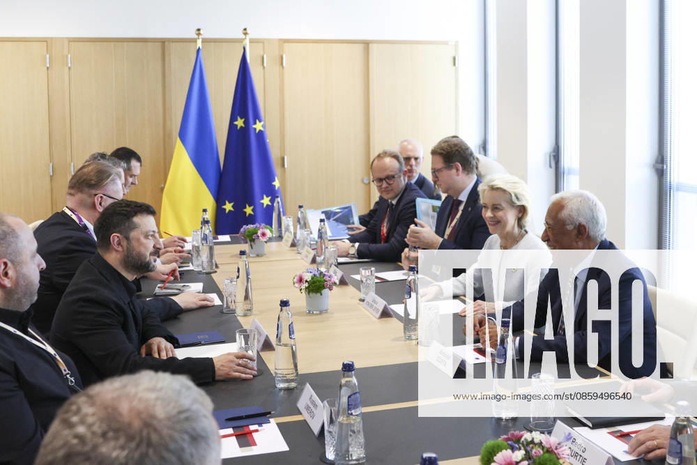 Ukrainian President Volodymyr Zelensky (2L), European Commission President Ursula von der Leyen (2 R), and European Council President Antonio Costaa (R) attend a meeting during the European Union summit at EU headquarters in Brussels, on June 18, 2026. On the same day, Ukraine launched a major strike against Russia, including an attack on the capital, Moscow, while President Vladimir Putin was meeting with leaders of the ASEAN group in Moscow. Photo European Union BLG2025061801 EuropeanxUnion