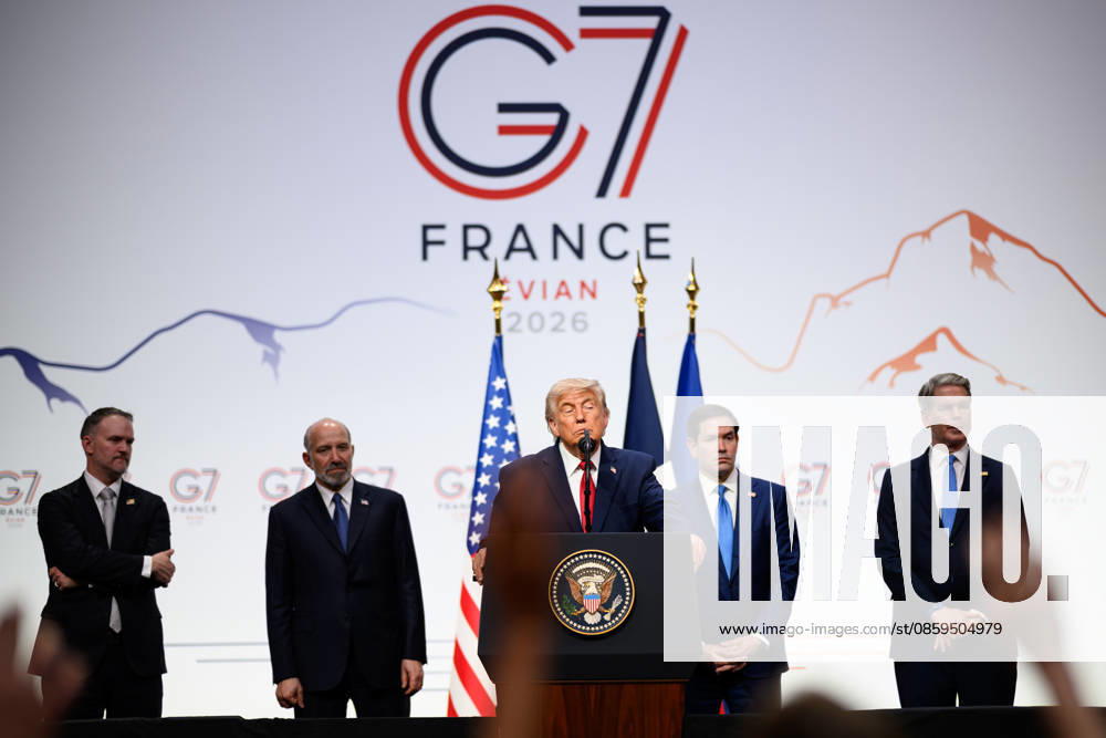 U.S. President Donald Trump (C) is joined by (L-R) U.S. Trade Representative Jamieson Greer, U.S. Commerce Secretary Howard Lutnick, U.S. Secretary of State Marco Rubio and U.S. Treasury Secretary Scott Bessent as he speaks at a press conference during the G7 Leaders Summit on June 17, 2026 in Evian-les-Bains, France. Leaders from the Group of 7 (G7) countries convened in Evian, France, near the Swiss border, for their annual summit to discuss challenges to peace and security for Ukraine and Europe, the situation in the Middle East, and other geopolitical issues FRN2026061803 ThexWhitexHouse