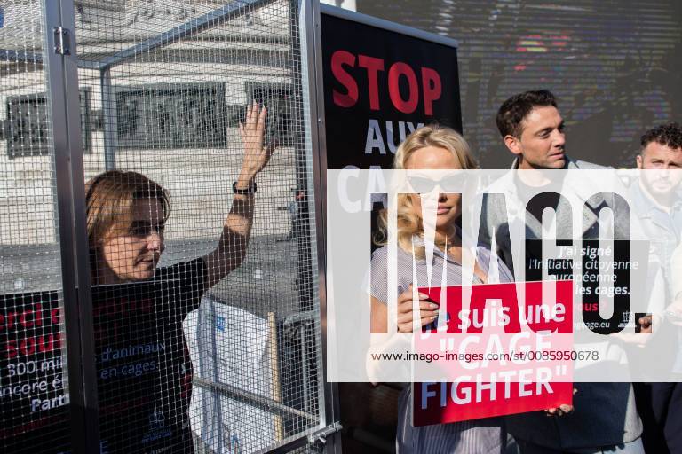 Pamela Anderson and Maxime Dereymez during the Launch of a European Citizens Initiative for the end of cage farming in Europe with the participation of Compassion in world farming (CIWF) France, one of the 130 NGOs behind this initiative, Place de la République in Paris, on October 10th, 2018.