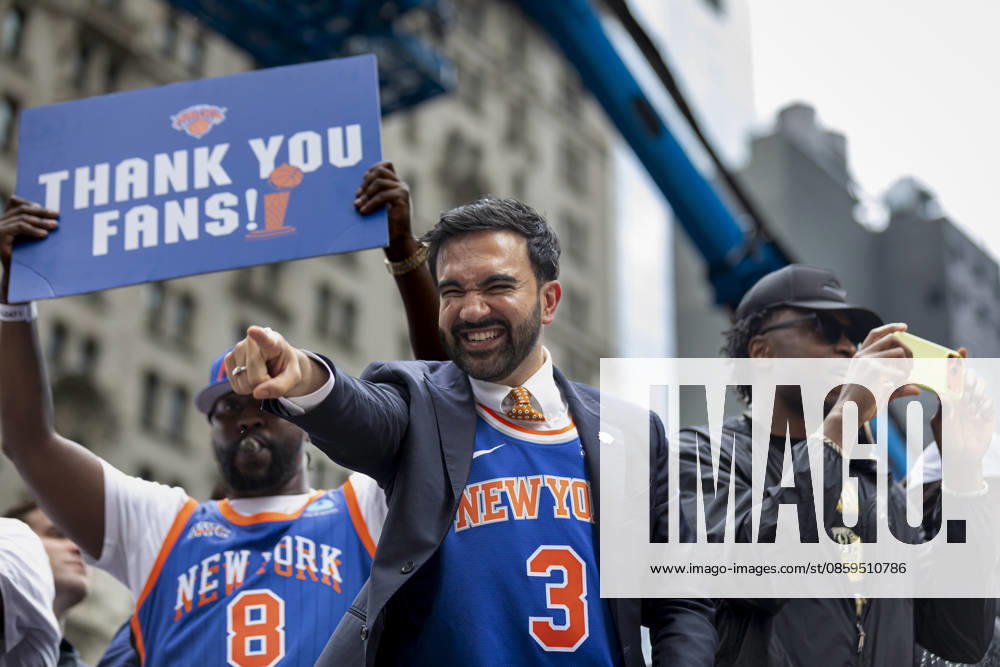 New York Knicks Championship Ticker Tape Parade Zohran Mamdani, New York City Mayor and OG Anunoby of the New York Knicks are seen on a float during the New York Knicks Championship ticker tape parade and victory rally celebrating winning the 2026 NBA Finals. The New York Knicks defeated the San Antonio Spurs in five games to win their first NBA Championship in 53 years. New York City New York United States