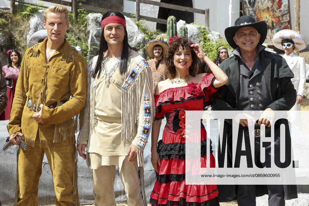 ABB KARLMAY Bastian Semm as Old Shatterhand, Alexander Klaws as Winnetou, Isabel Varell as Senorita Miranda, Florian Fitz as mine owner Roulin—the actors in makeup and costume on Friday, June 19, 2026, during the dress rehearsal for the play In the Valley of Death at the 2026 Karl May Festival in the