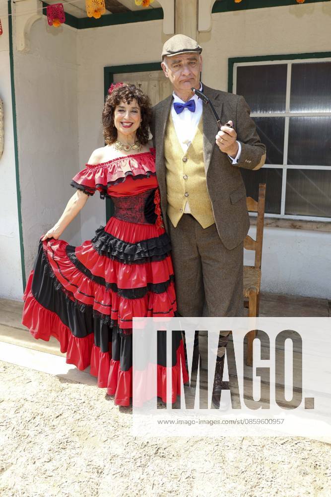 ABB KARLMAY Isabel Varell as Senorita Miranda, Heinrich Schafmeister as Sir John Raffley—the actors in makeup and costume on Friday, June 19, 2026, during the dress rehearsal for the play In the Valley of Death at the 2026 Karl May Festival in Indian Village at Kalkberg. The premiere will take place on June 27 at the open-air theater on the Kalkberg i