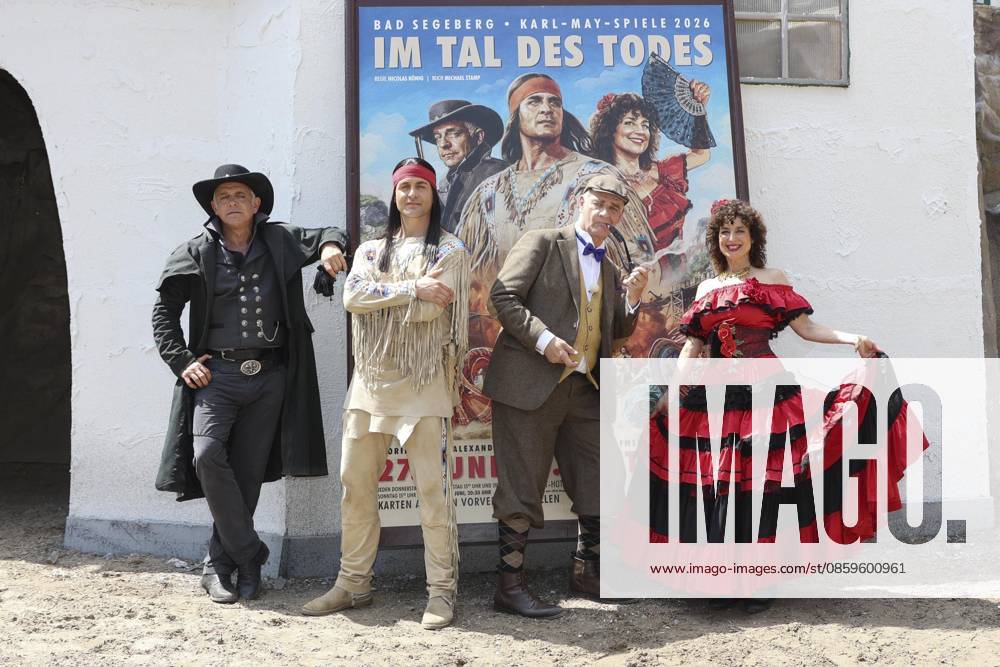 ABB KARLMAY Florian Fitz (mine owner), Roulin (Alexander Klaws), Winnetou (Isabel Varell) as Senorita Miranda, Heinrich Schafmeister as Sir John Raffley—the actors in makeup and costume on Friday, June 19, 2026, during the dress rehearsal for the play In the Valley of at the 2026 Karl May