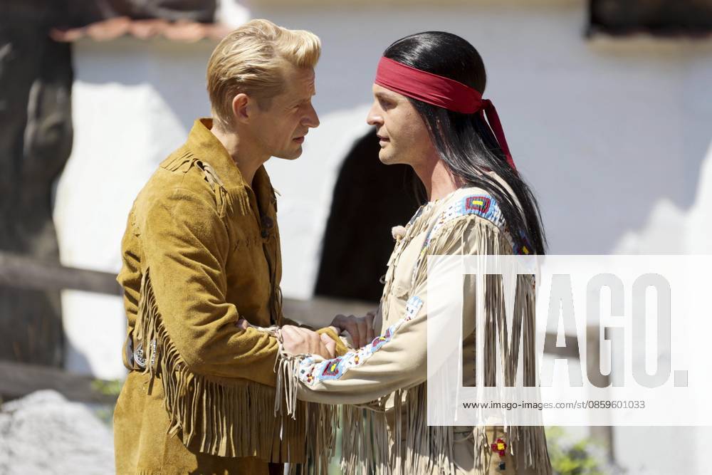 ABB KARLMAY Bastian Semm Old Shatterhand Alexander Klaws Winnetou—the actors in makeup and costume on Friday, June 19, 2026, during the dress rehearsal for the play In the Valley of Death at the 2026 Karl May Festival in the Indian Village on the Kalkberg. The premiere will take place on June 27 at the open-air theater on the Kalkberg in Bad Segeberg, Schleswig-Holstein, Germany,detect