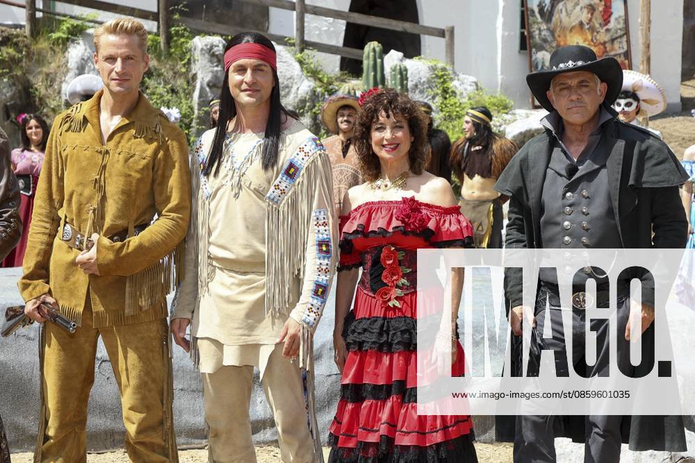 ABB KARLMAY Bastian Semm as Old Shatterhand, Alexander Klaws as Winnetou, Isabel Varell as Senorita Miranda, Florian Fitz as mine owner Roulin—the actors in makeup and costume on Friday, June 19, 2026, during the dress rehearsal for the play In the Valley of Death at the 2026 Karl May Festival in the
