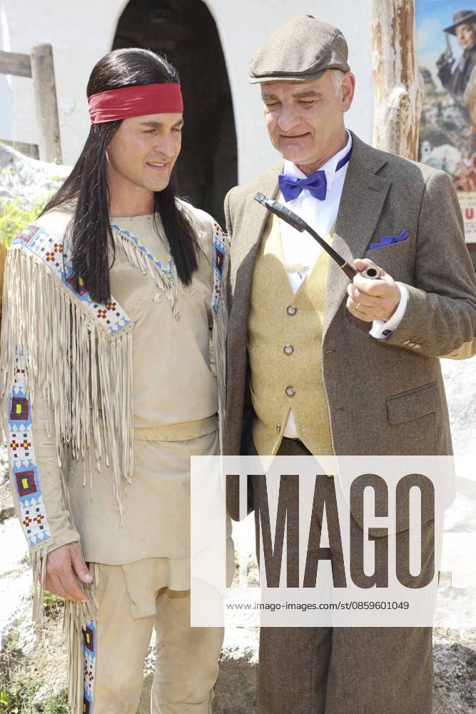 ABB KARLMAY Alexander Klaws as Winnetou, Heinrich Schafmeister as Sir John Raffley—the actors in makeup and costume on Friday, June 19, 2026, during the dress rehearsal for the play In the Valley of Death at the 2026 Karl May Festival in the Indian Village on the Kalkberg. The premiere will take place on June 27 at the open-air theater on the Kalkberg in Bad Segeberg, Sch