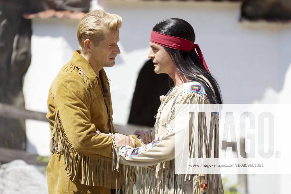 ABB KARLMAY Bastian Semm Old Shatterhand Alexander Klaws Winnetou—the actors in makeup and costume on Friday, June 19, 2026, during the dress rehearsal for the play In the Valley of Death at the 2026 Karl May Festival in the Indian Village on the Kalkberg. The premiere will take place on June 27 at the open-air theater on the Kalkberg in Bad Segeberg, Schleswig-Holstein, Germany,detect