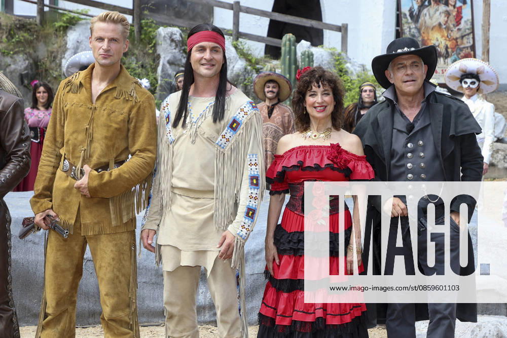 ABB KARLMAY Bastian Semm as Old Shatterhand, Alexander Klaws as Winnetou, Isabel Varell as Senorita Miranda, Florian Fitz as mine owner Roulin—the actors in makeup and costume on Friday, June 19, 2026, during the dress rehearsal for the play In the Valley of Death at the 2026 Karl May Festival in the