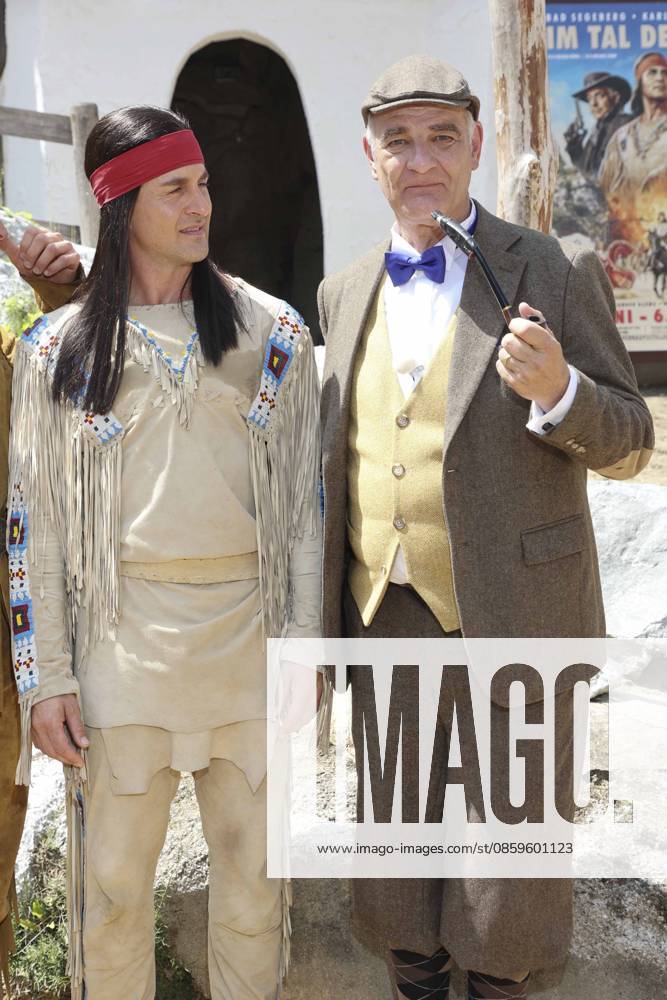 ABB KARLMAY Alexander Klaws as Winnetou, Heinrich Schafmeister as Sir John Raffley—the actors in makeup and costume on Friday, June 19, 2026, during the dress rehearsal for the play In the Valley of Death at the 2026 Karl May Festival in the Indian Village on the Kalkberg. The premiere will take place on June 27 at the open-air theater on the Kalkberg in Bad Segeberg, Sch