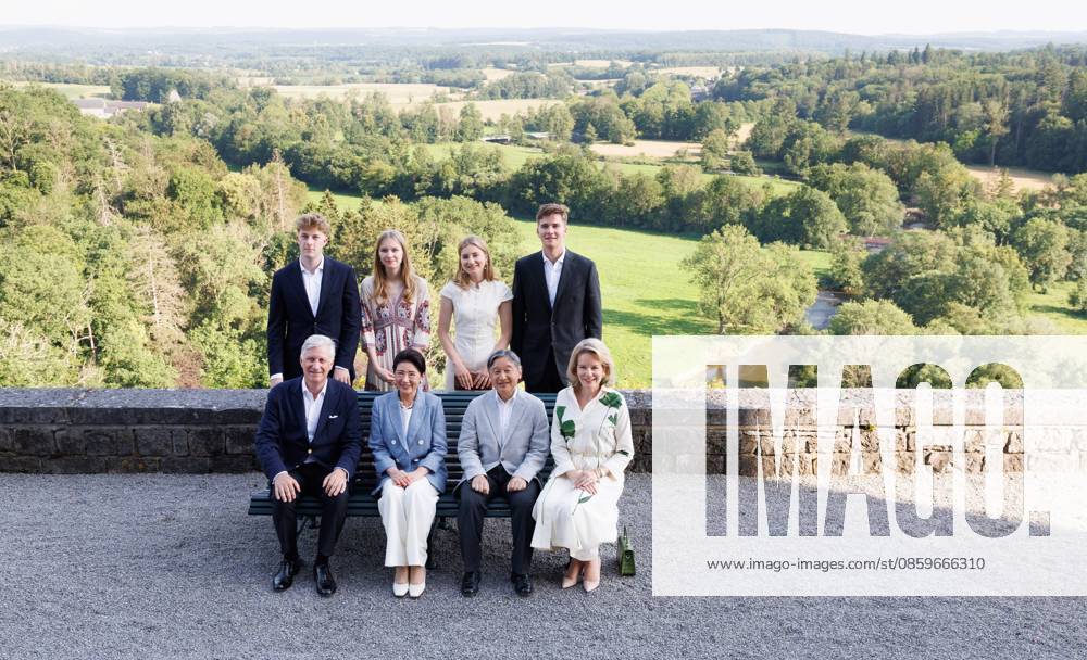 (First Row) King Philippe - Filip of Belgium, Japanese Empress Masako, Japanese Emperor Naruhito, Queen Mathilde of Belgium, (Second Row) Prince Emmanuel, Princess Eleonore, Crown Princess Elisabeth and Prince Gabriel pose for photographers during the family picture at the Royal Domain of Ciergnon during the official state visit of the Japanese Emperor and Empress to Belgium, on Sunday 21 June 2026, in Ciergnon. The Emperor and Empress of Japan visit Belgium from June 20-25. POOLxBENOITxDOPPAGNE 178638948