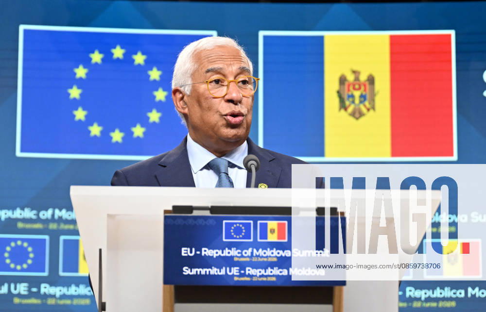 2nd EU-Republic of Moldova Summit in Brussels BRUSSELS, BELGIUM - JUNE 22: EU Council President Antonio Costa attends a joint press conference following the 2nd EU-Moldova Summit alongside European Commission President Ursula von der Leyen and Moldovan President Maia Sandu in Brussels, Belgium on June 22, 2026. Dursun Aydemir Anadolu Brussels Belgium. Editorial use only. Please get in touch for any other usage.