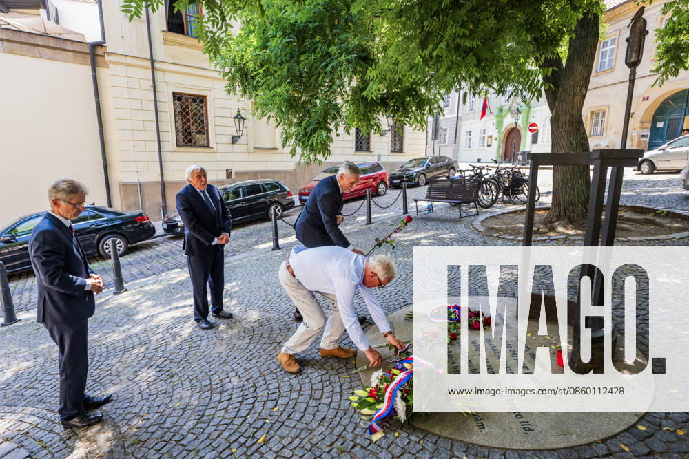 From left: Senate President Milos Vystrcil, Senator Jiri Ruzicka, Senate Chancellor Radek Jiranek, and Senator David Smoljak attend a memorial ceremony to honour Milada Horakova at the Milada Horakova Memorial at Petikostelni namesti (The five-church square), Prague, today, on Friday, June 26, 2026. (CTKxPhoto VitxSimanek) CTKPhotoP2026062606122 CTKPhotoP2026062606122